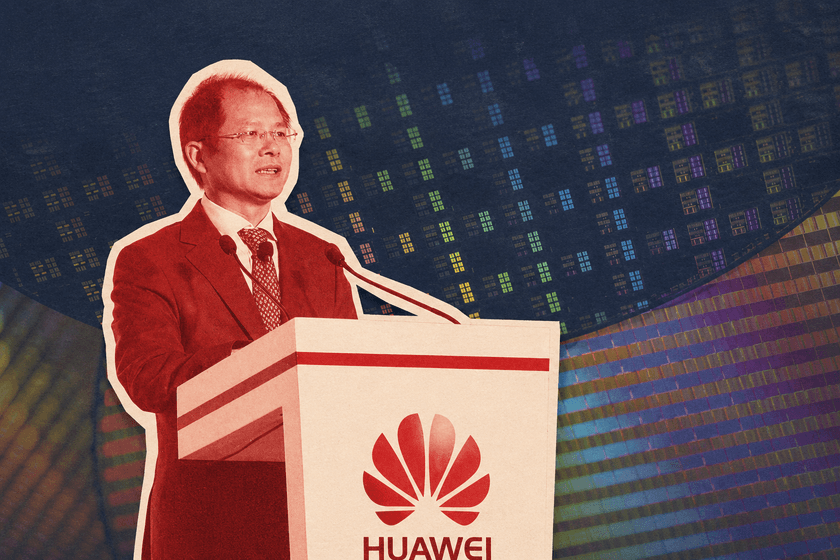 Logotipo de Huawei sobre fondo azul oscuro con partículas de luz