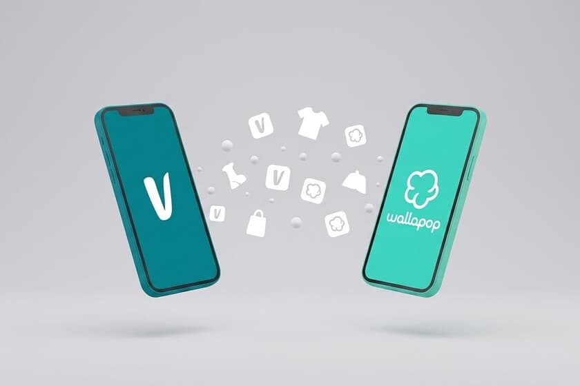 Comparativa de las apps Wallapop y Vinted en un smartphone, con iconos de ropa y muebles de fondo