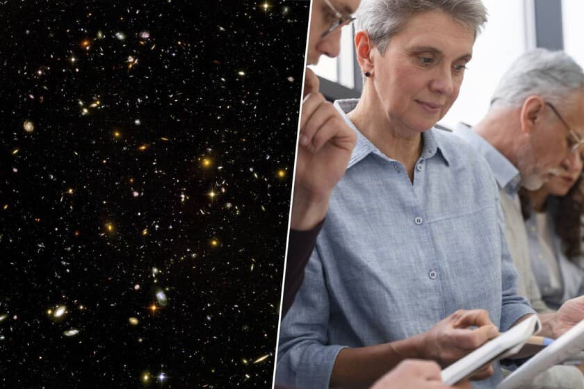 Ilustración de un grupo de físicos discutiendo alrededor de un pizarrón con ecuaciones, con un fondo de galaxia