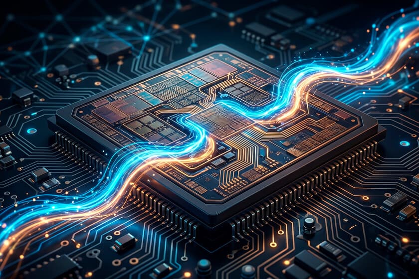 Microchip de TSMC con disipador de calor, fondo tecnológico azul