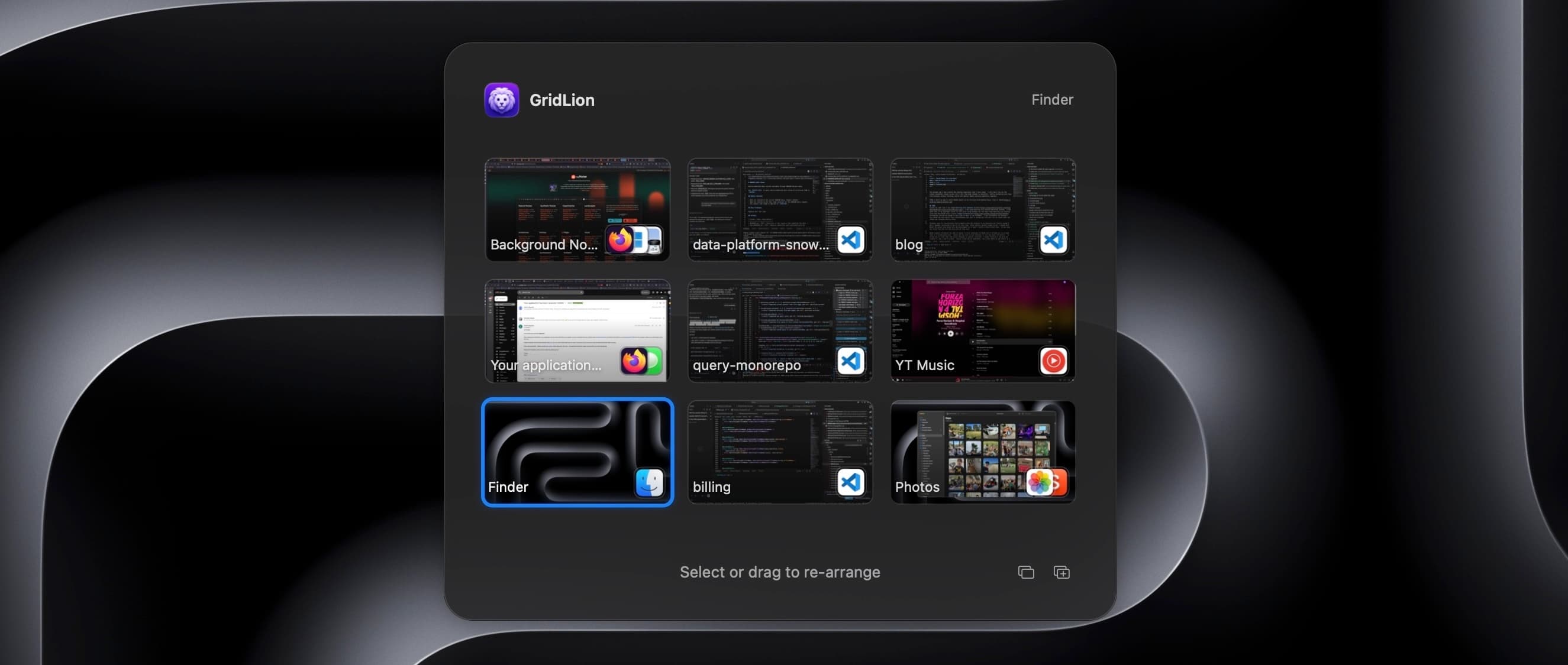 Captura de pantalla de Grid organizando ventanas en macOS con icono de app destacado