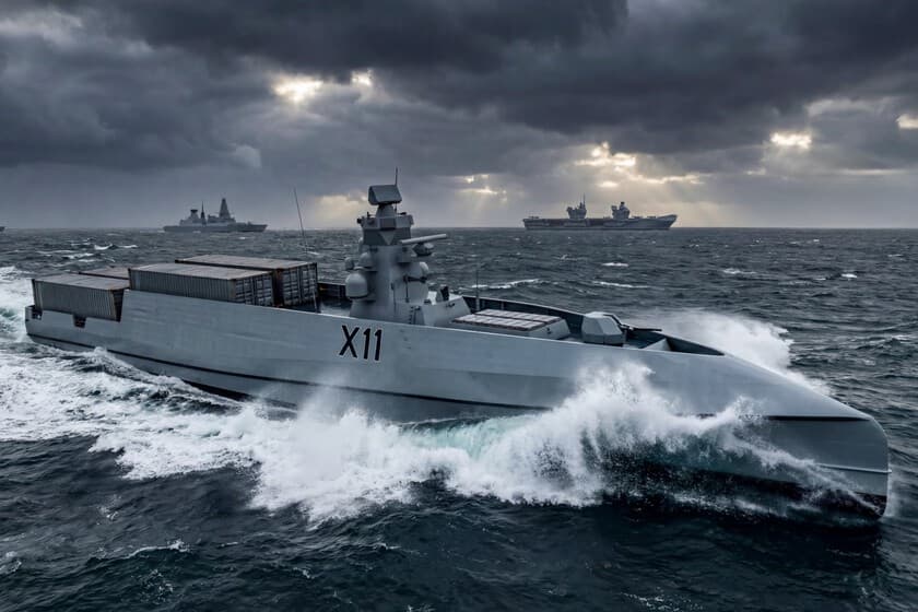Modelo del buque autónomo LASV75 de Navantia UK en una exposición naval