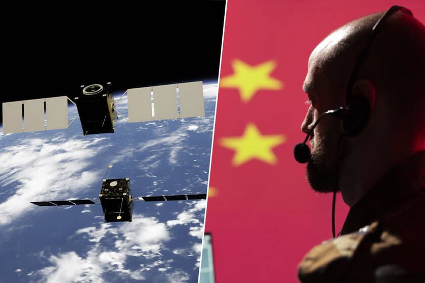 Ilustración de un satélite militar con inteligencia artificial orbitando la Tierra, con un mapa de China iluminado en el