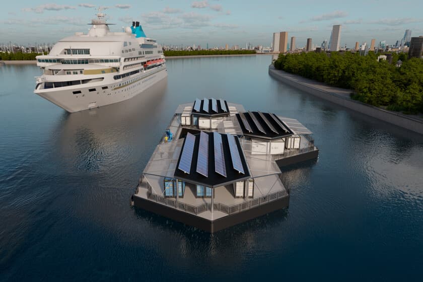 Barco portacontenedores en un puerto con una boya de suministro eléctrico en primer plano