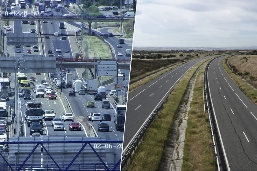 Fotografía aérea de la autopista A-42 con tráfico denso y la autovía de peaje R-4 vacía al lado
