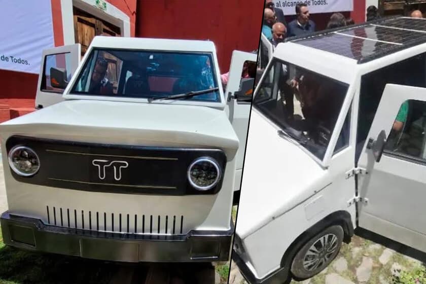 Auto eléctrico TT01 de Tlaxcala estacionado bajo el sol, con paneles solares visibles en el techo.