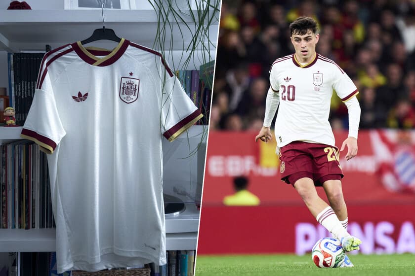 Camiseta de la Selección Española de fútbol colgada en una tienda, con etiqueta de precio 187 €