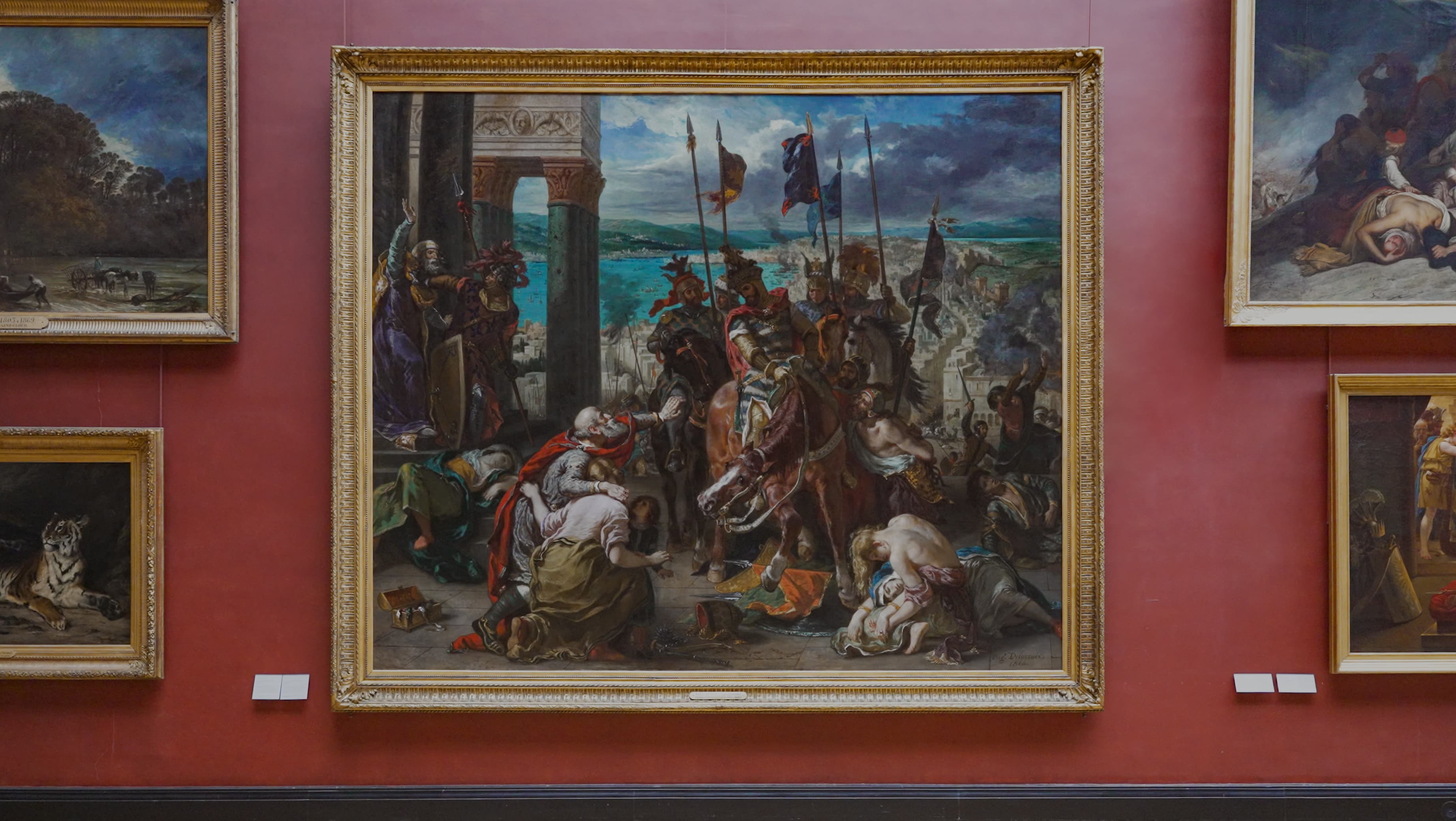 Detalle de la pintura restaurada de Delacroix, mostrando colores vibrantes y texturas.