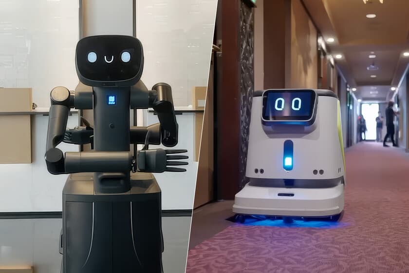 Render de un hotel futurista con robots recepcionistas y camareros autónomos en el lobby