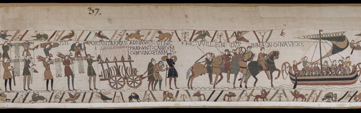 Ilustración de un ejército medieval en formación, con un soldado señalando un reloj de arena en primer plano.