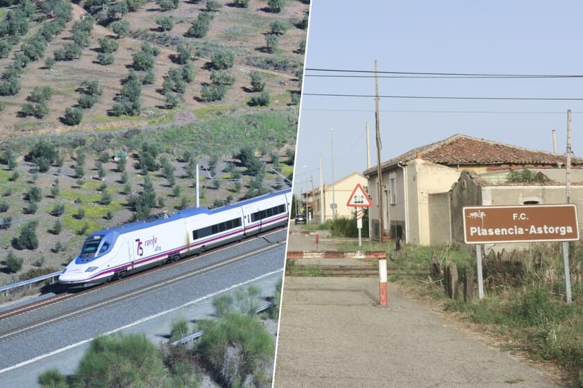 Mapa de la Ruta Vía de la Plata con trazado ferroviario sobre fondo de paisaje extremeño