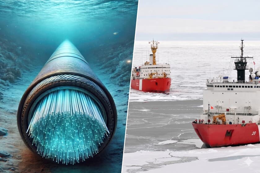 Mapa del Ártico con la ruta del cable submarino propuesto por la UE, rodeado de hielo y barcos.