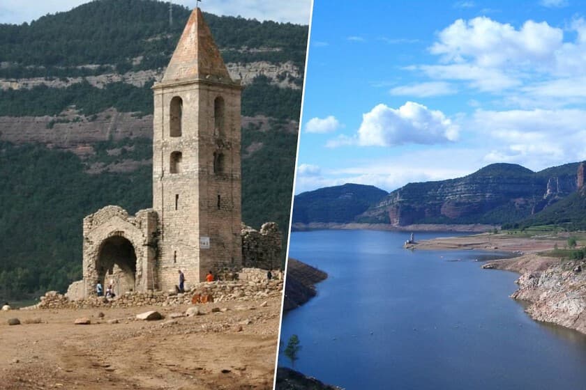 Iglesia de Sant Romà de Sau emergiendo del embalse seco, con el campanario rodeado de tierra agrietada