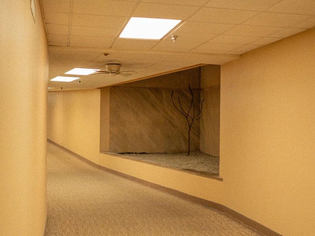 Fotografía de un espacio vacío y desolado, como un centro comercial abandonado o una sala de espera sin gente, con ilumi