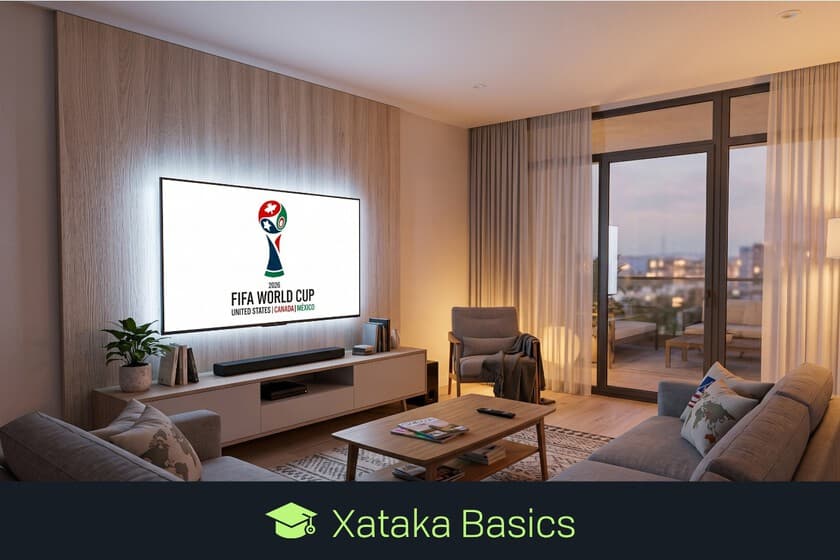 Persona ajustando configuración de imagen en Smart TV con control remoto, pantalla muestra partido de fútbol