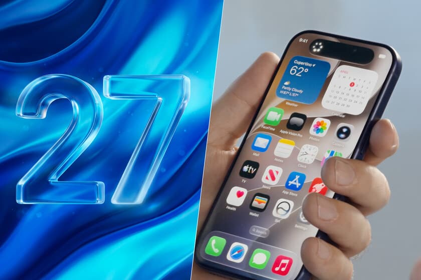Mockup de iPhone con interfaz de Siri renovada y fondo abstracto azul