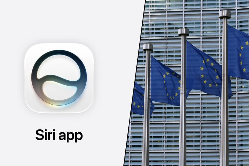 Icono de Siri con bandera de la UE tachada, sobre fondo de código regulatorio