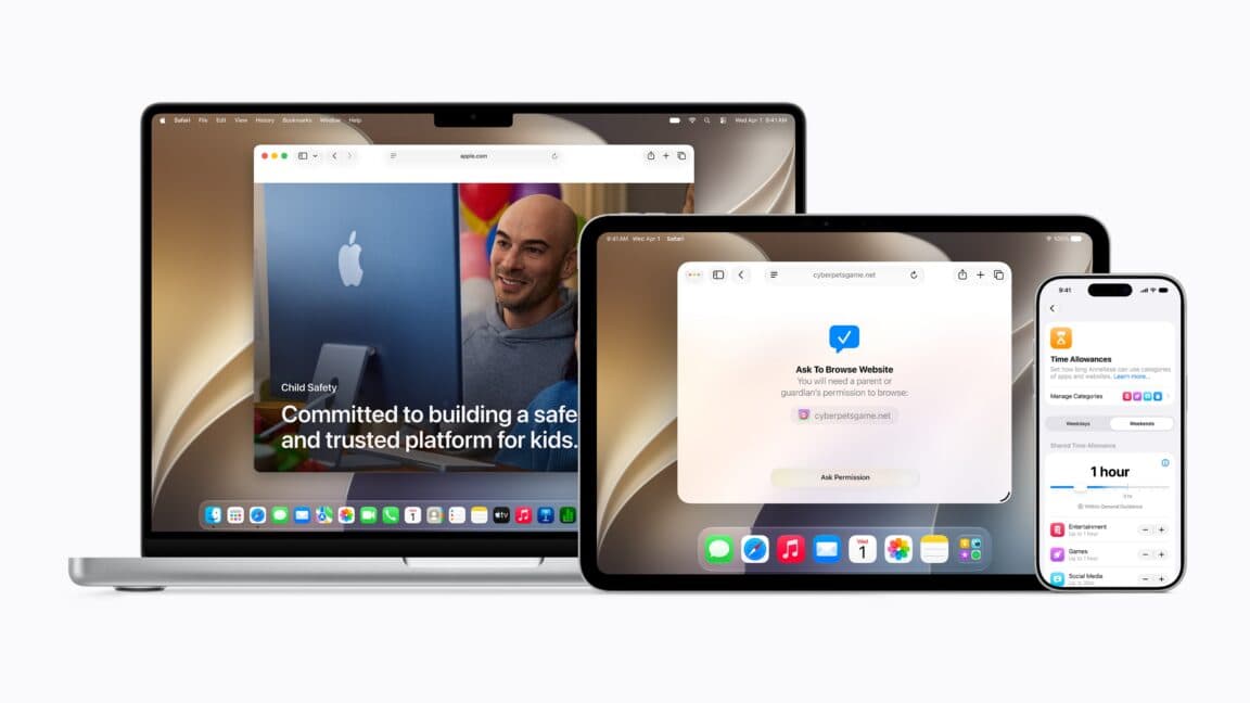 Un MacBook Air M1 junto a un iMac Intel 2020, con un cartel de 'No compatible' sobre el Intel.