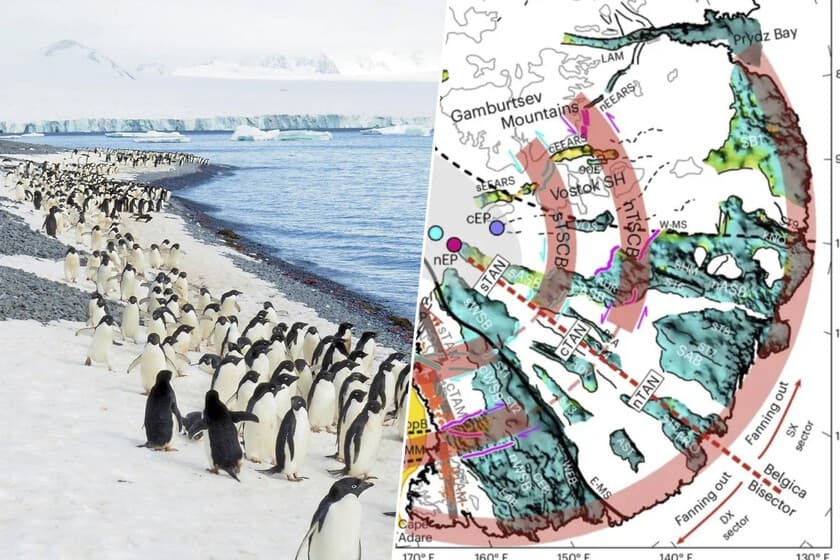 Ilustración del relieve subglacial de la Antártida Oriental mostrando las cuencas Wilkes y Aurora en forma de abanico