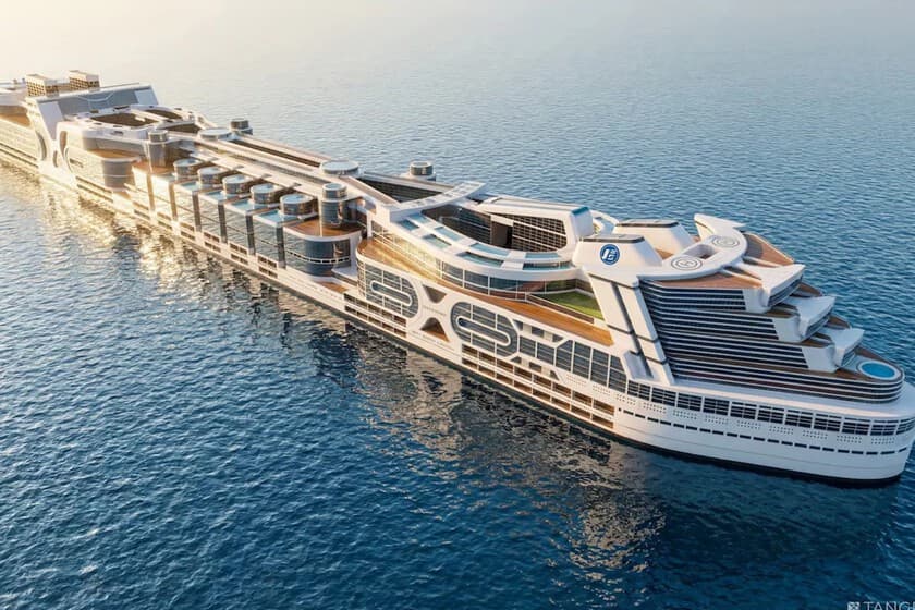 Render del Freedom Ship, un gigantesco barco-ciudad de 1,6 km de largo con rascacielos y zonas verdes en cubierta.