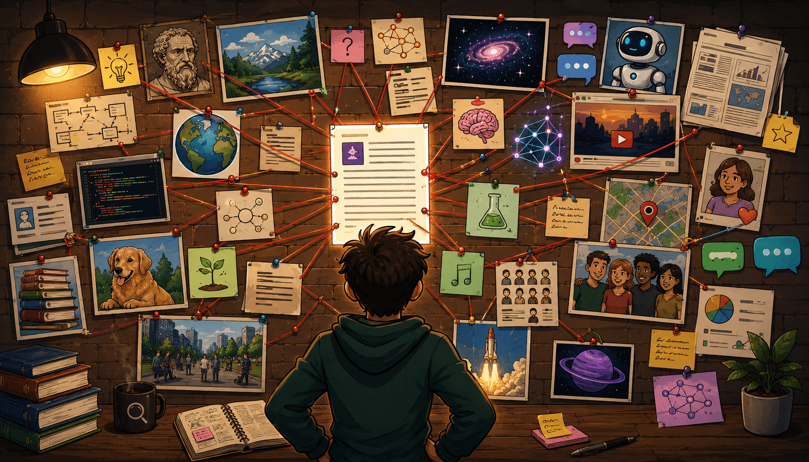 Ilustración de un botón 'More Like This' rodeado de distracciones digitales