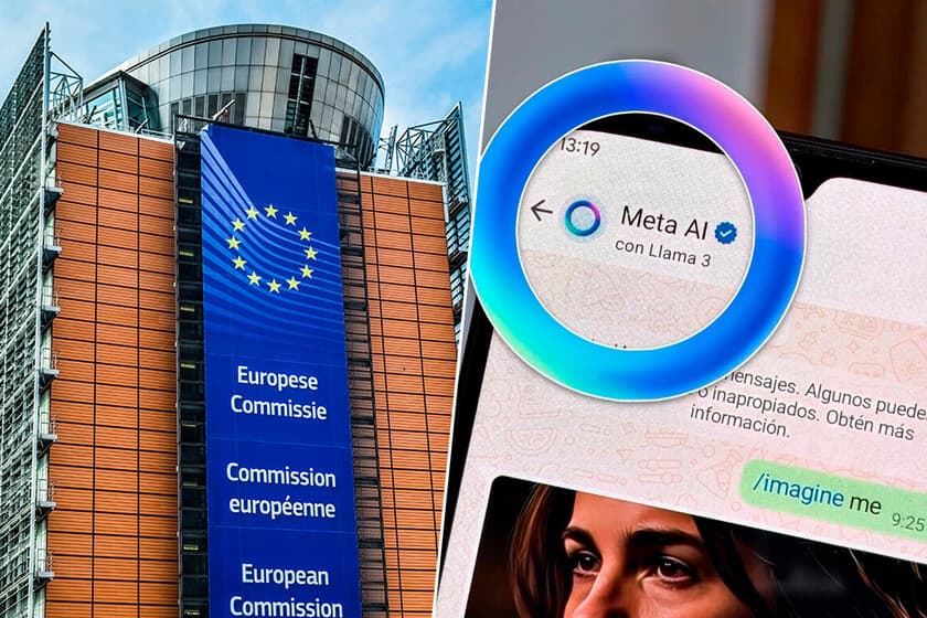 Captura de pantalla de WhatsApp mostrando un chatbot de IA de terceros, con el logo de la UE al fondo