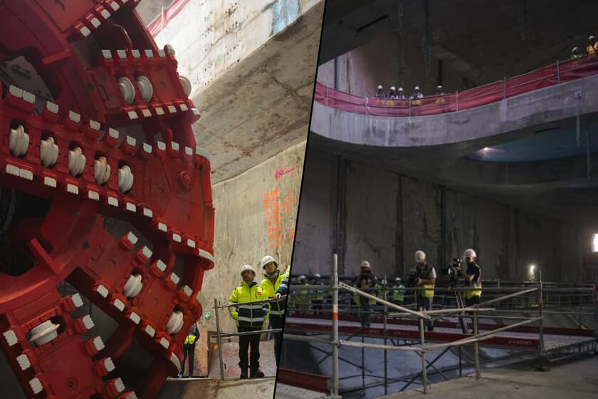 Fotografía de la tuneladora Mayrit en el interior del túnel, con luces y estructura metálica visible.