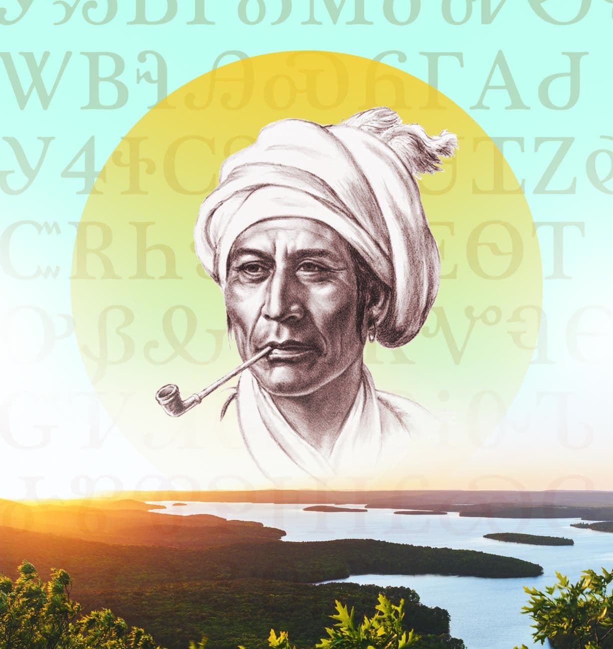 Retrato de Sequoyah sosteniendo su silabario cheroqui, con símbolos del sistema de escritura al fondo