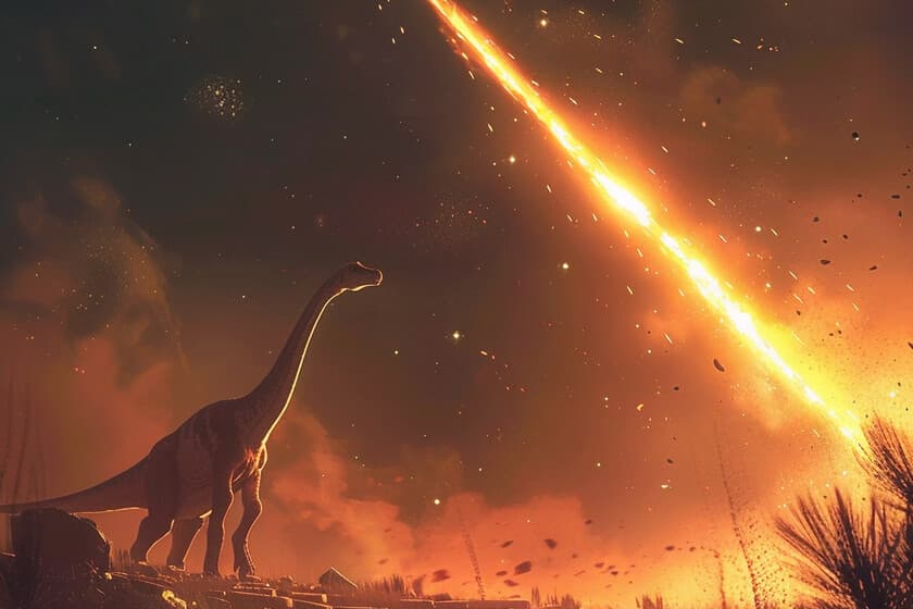 Ilustración de un asteroide impactando la Tierra, con un resplandor y un paisaje primitivo
