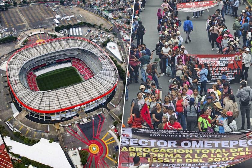 Multitud de manifestantes con carteles frente al Estadio Azteca durante el Mundial de 2026
