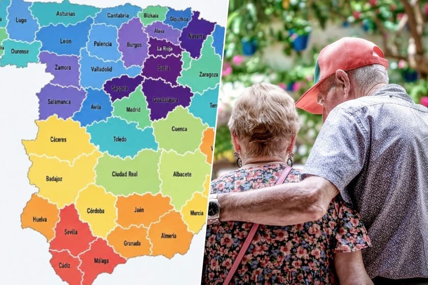 Mapa de España con regiones coloreadas según esperanza de vida, destacando una zona del interior