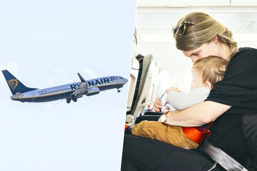 Familia en aeropuerto con niño pequeño y tarjeta de embarque de Ryanair