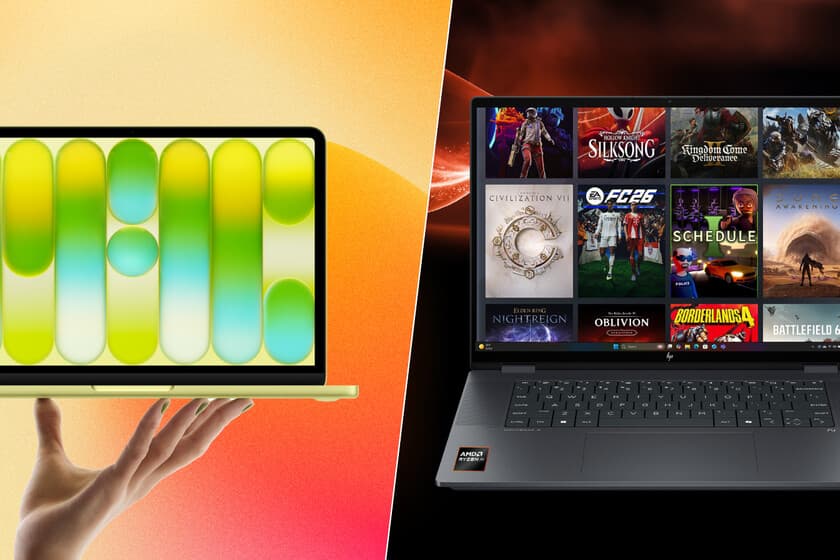 MacBook Neo sobre una mesa, con fondo de pantalla de juegos borroso