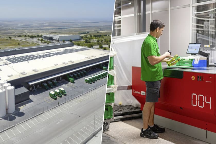 Interior del almacén semiautomatizado de Mercadona con estanterías y robots transportando cajas