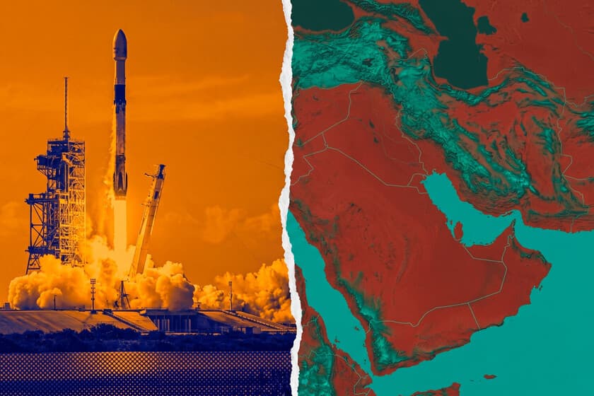 Ilustración de un cohete SpaceX con billetes de dólar y banderas de países del Golfo al fondo