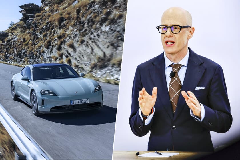 Porsche 911 clásico en carretera, con un Taycan al fondo desenfocado