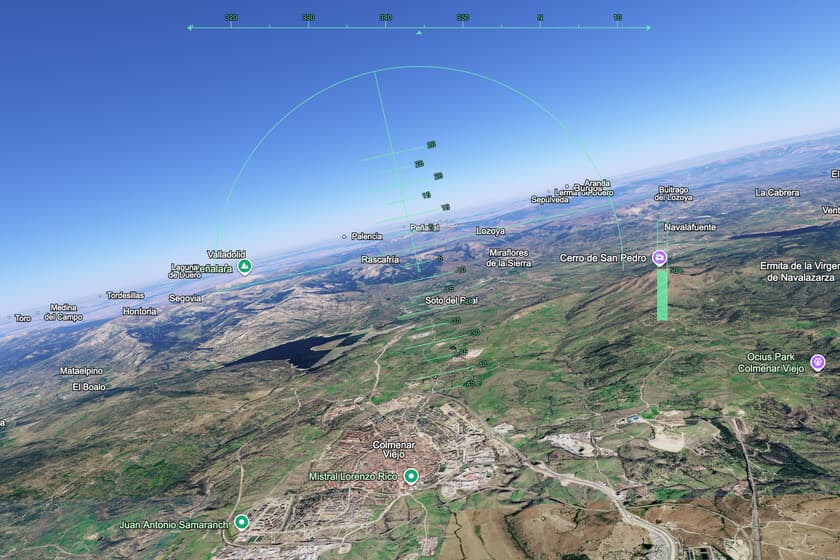 Captura de pantalla de Google Earth mostrando una ciudad en 3D con el simulador de vuelo activado