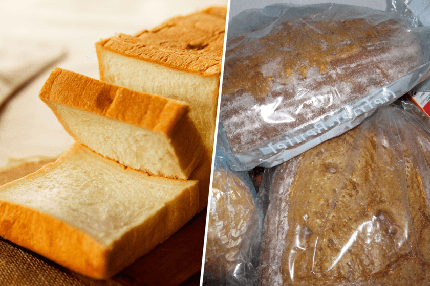 Rebanadas de pan congelado con escarcha de hielo sobre una encimera de cocina