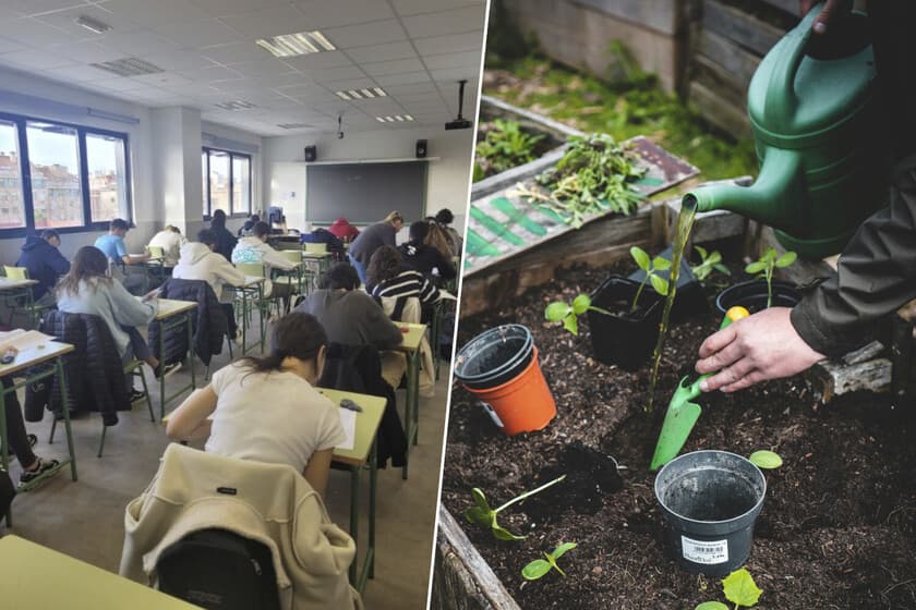 Estudiantes jóvenes en un jardín universitario, con herramientas de jardinería y libretas, al aire libre