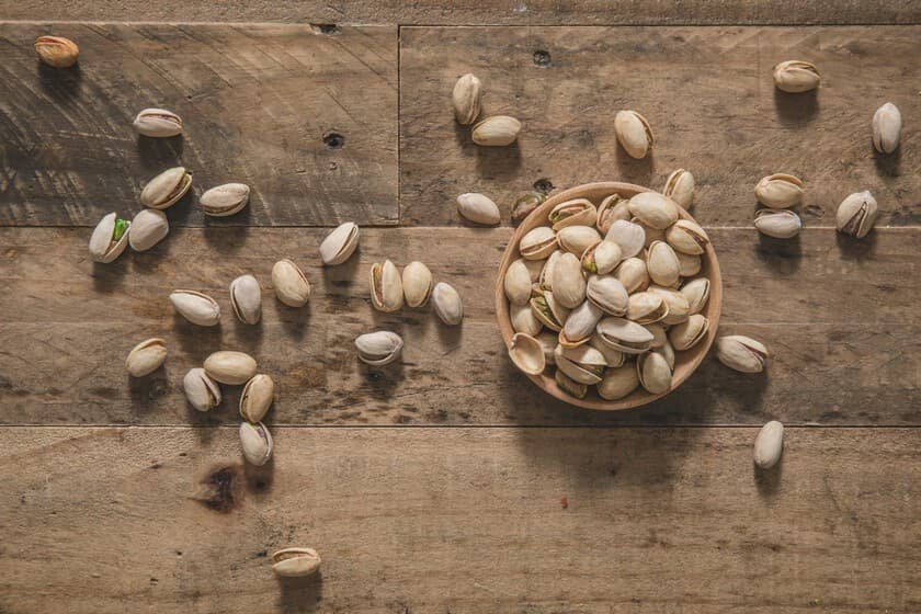 Campo de pistachos en España con agricultor recogiendo el fruto