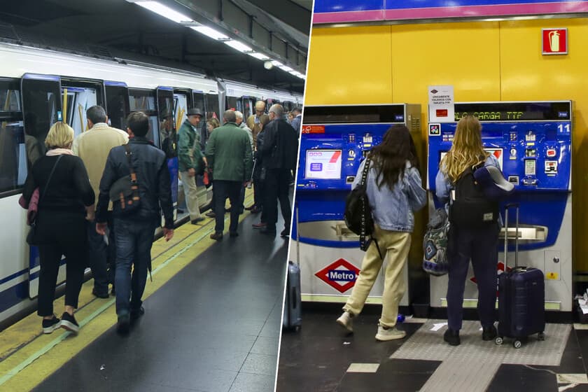 Andén de Cercanías abarrotado con viajeros y un cartel de 'Abono Transporte' tachado