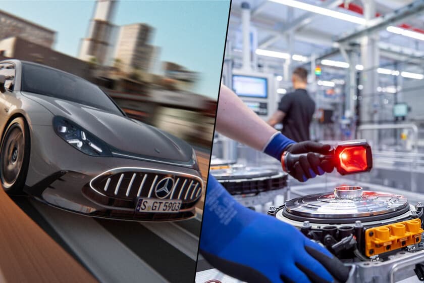 Motor eléctrico de flujo axial de Mercedes en primer plano, con ingenieros trabajando en fondo de fábrica