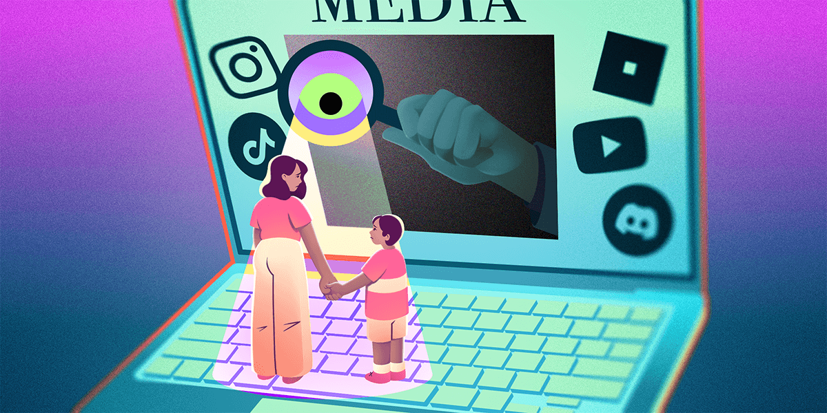 Un adolescente mirando una pantalla borrosa con un candado digital superpuesto, en un entorno sombrío.