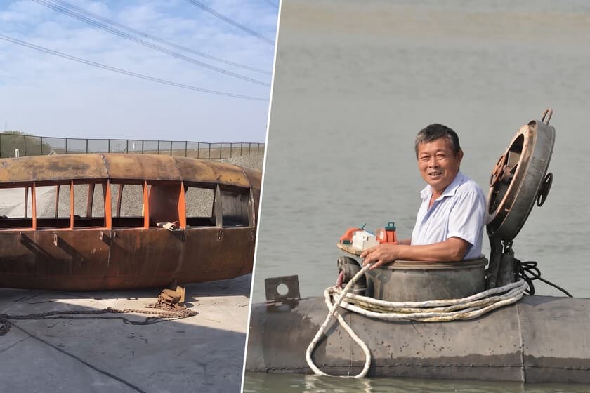 Hombre mayor junto a un submarino artesanal de metal oxidado en un taller rural