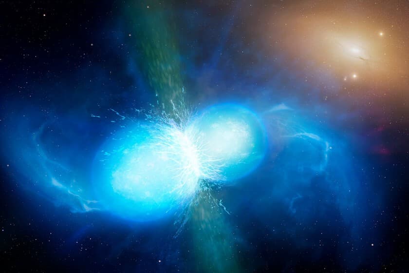 Ilustración de dos supernovas explotando cerca de la Tierra, con partículas radiactivas cayendo sobre el planeta.