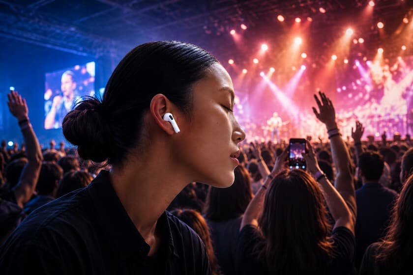 Persona en un concierto con AirPods en las orejas, rodeada de luces y multitud