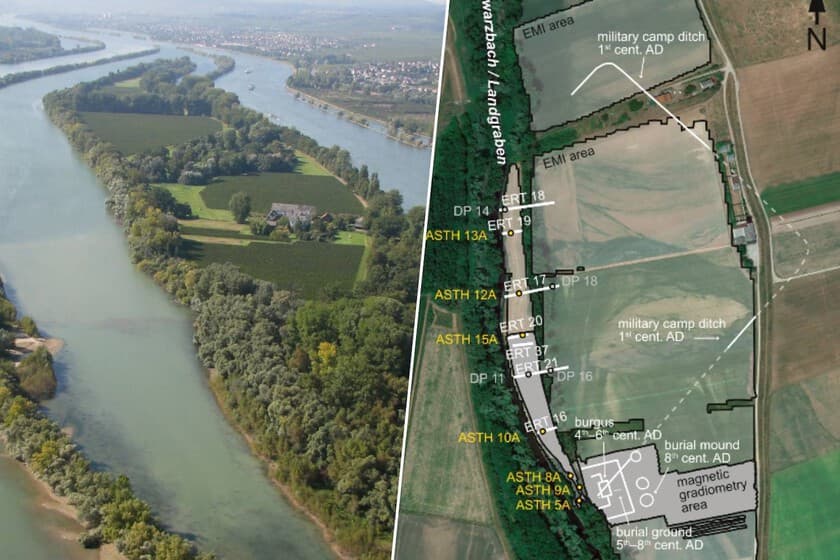 Fotografía aérea del meandro del Rin que resultó ser un canal romano, mostrando su forma curva y vegetación circundante.