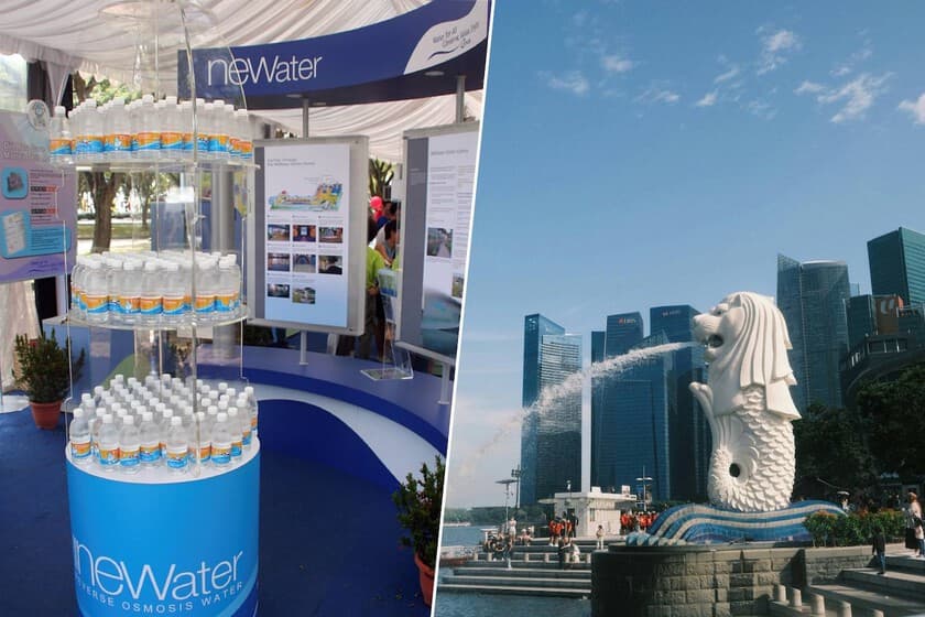 Persona bebiendo agua del grifo en Singapur con fondo de la ciudad y un cartel de 'agua potable'