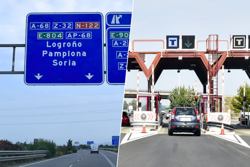 Vista de la autopista AP-68 con un pórtico de peaje automático y señalización electrónica